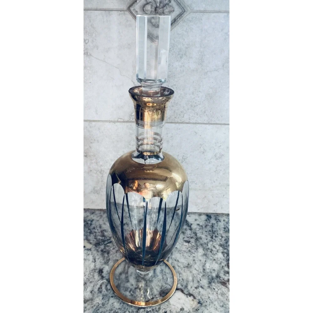 Vintage MCM Bohemia Crystal Glass Decanter Gold Black Gorgeous Antique Beautiful